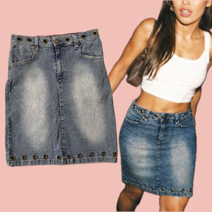 Y2K DTN Denim Midi Skirt Size 6 US (38 EU) – Bodycon Stretch Grommet Detail